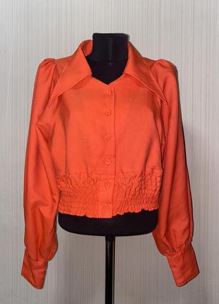 Винтаж ретро блуза морковная красно оранжевая с воротником и объёмными рукавами
