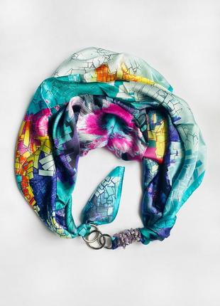 Шелковый платок "райский остров"  my scarf, шейный платок, подарок женщине, украшен аметистом2 фото