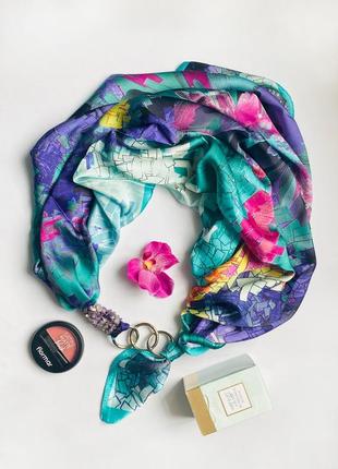 Шелковый платок "райский остров"  my scarf, шейный платок, подарок женщине, украшен аметистом1 фото