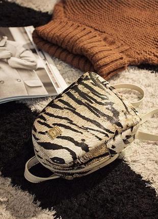 Рюкзак мини бежевый тигровый кожаный животный принт тигр компактный3 фото