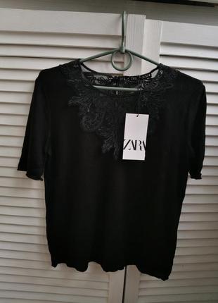 Черная футболка с кружевом размер с zara оригинал свежая коллекция6 фото