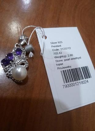 Срібна підвіска з натуральними аметистами, перлами і топазами5 фото