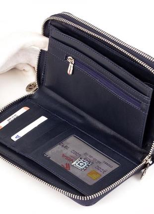 Вместительный женский кожаный кошелек клатч eminsa 2095-15-19 синий на две молнии5 фото