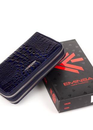Вместительный женский кожаный кошелек клатч eminsa 2095-15-19 синий на две молнии9 фото