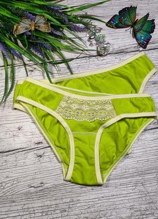 Трусикі салатові з бавовни з мереживом 🌹