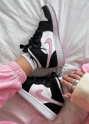 Nike air jordan white black pink новинка високі брендові кросівки найк джордан чорні рожеві весна літо осінь высокие кроссовки розовые черные белые9 фото