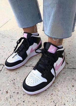 Nike air jordan white black pink новинка високі брендові кросівки найк джордан чорні рожеві весна літо осінь высокие кроссовки розовые черные белые10 фото