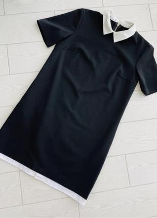 Чёрное платье рубашка прямого кроя с белым воротником1 фото