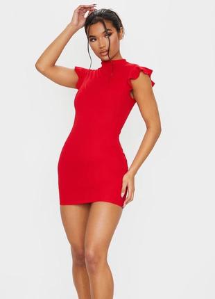Новое красное платье мини с горловиной рюшами нова червона коротка сукня міні по фігурі plt3 фото