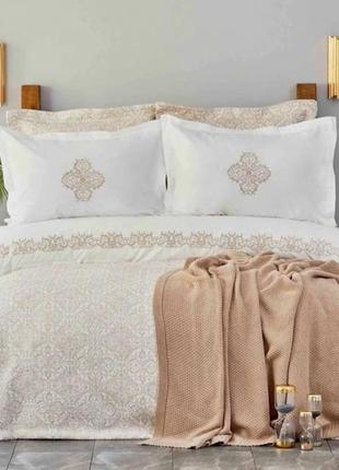 Набор постельное белье с покрывалом + плед karaca home privat - celine pudra пудра евро постільна білизна євро3 фото