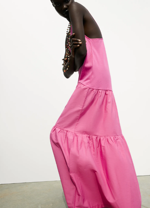Длинное ярусное розовое платье хлопок zara4 фото