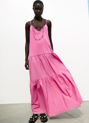 Длинное ярусное розовое платье хлопок zara2 фото
