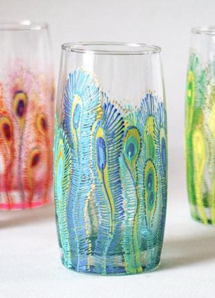 Чудові яскраві склянки з пір'ям павича ручний розпис4 фото