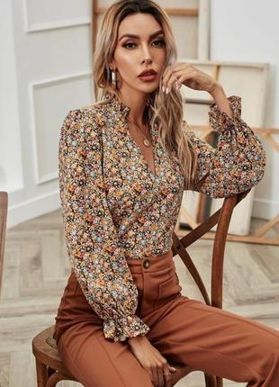 Блуза блузка цветочный принт ✨shein✨ воланами на рукавах3 фото