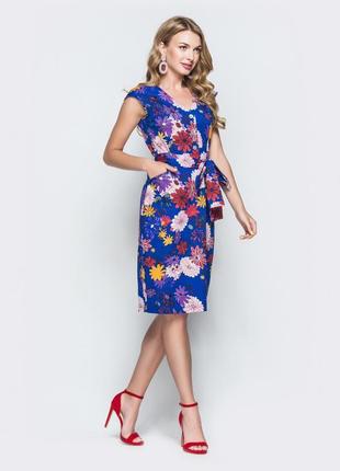 Летнее синее платье из хлопка в цветочный принт2 фото