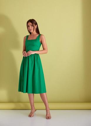 Яркое зеленое однотонное платье - сарафан, коттон, с отрезной талией, без рукава 42-482 фото