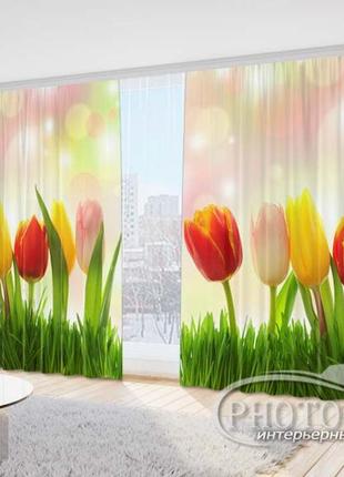 Фото шторы "тюльпаны в траве" 2,7м*4,0м (2 полотна по 2,0м), тесьма1 фото