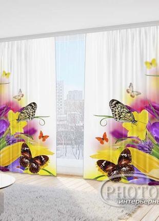 Фото шторы "тюльпаны с подснежниками и бабочками" 2,7м*5,0м (2 полотна по 2,50м), тесьма