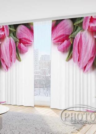 Фото шторы "розовые тюльпаны над водой" 2,7м*4,0м (2 полотна по 2,0м), тесьма1 фото