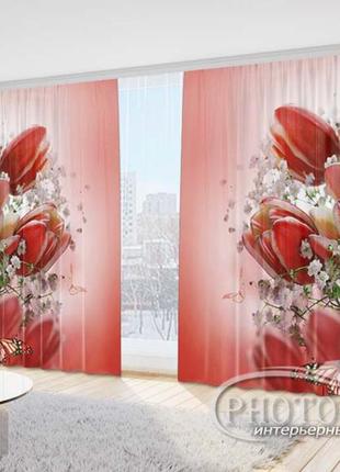 Фото шторы "бабочки с тюльпанами" 2,7м*5,0м (2 полотна по 2,50м), тесьма