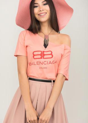 Красивая стрейчевая абрикосовая секси-футболка на одно плечо pink daisy,one size(на s,m,l)2 фото