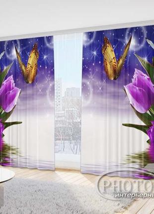 Фото шторы "фиолетовые тюльпаны с бабочками 1" 2,7м*4,0м (2 полотна по 2,0м), тесьма