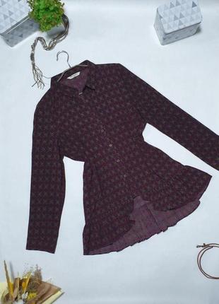 💜оригинальная удлиненная рубашка бордового цвета с мелким принтом. бронзовые пуговицы, оборка по низу💜1 фото