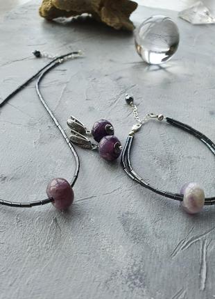Комплект 'аметист і гематит' чокер, браслет і сережки