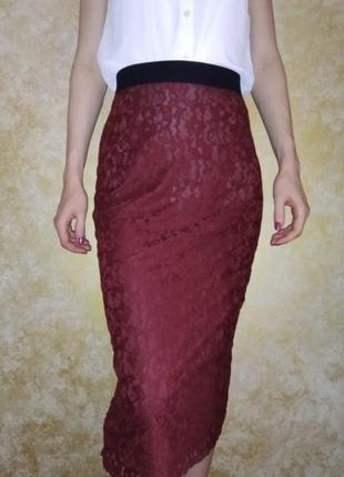 Кружевная бордовая юбка карандаш h&m длины миди в обтяжку2 фото