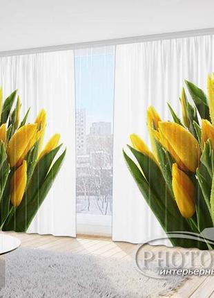 Фото шторы "желтые с белыми тюльпанами" 2,7м*5,0м (2 полотна по 2,50м), тесьма