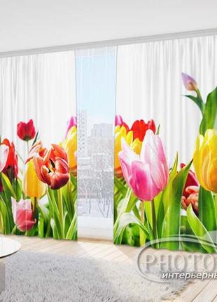 Фото шторы "разноцветные тюльпаны 1" 2,7м*4,0м (2 полотна по 2,0м), тесьма1 фото