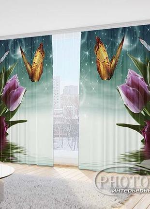 Фото штори "фіолетові тюльпани з метеликами" 2,7 м*5,0 м (2 полотна по 2,50 м), тасьма