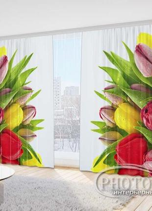 Фото шторы "разноцветные тюльпаны" 2,7м*4,0м (2 полотна по 2,0м), тесьма