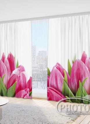 Фото шторы "розовые тюльпаны" 2,7м*4,0м (2 полотна по 2,0м), тесьма
