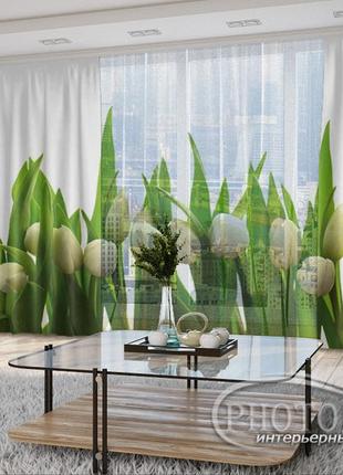 3d фото шторы "белые тюльпаны" 2,7м*4,0м (2 полотна по 2,0м), тесьма3 фото
