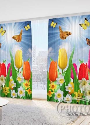 Фото штори "тюльпани і нарциси з метеликами" 2,7 м*4,0 м (2 полотна по 2,0 м), тасьма