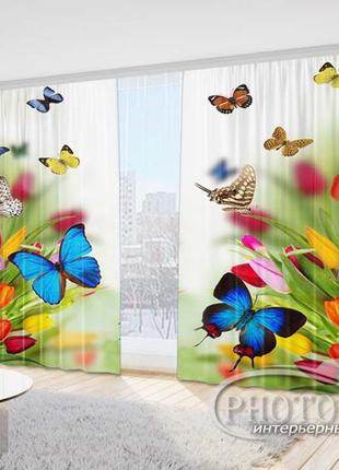 Фото шторы "тюльпаны с бабочками" 2,5м*2,9м (2 полотна по 1,45м), тесьма2 фото