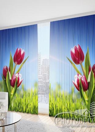 Фото штори "тюльпани на траві" 2,5 м*2,9 м (2 полотна по 1,45 м), тасьма