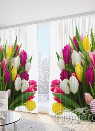 Фото шторы "букет из разноцветных тюльпанов" 2,7м*2,9м (2 полотна по 1,45м), тесьма