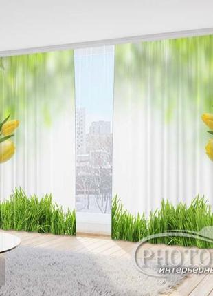 Фото шторы  "желтые тюльпаны в траве" 2,5м*2,9м (2 полотна по 1,45м), тесьма2 фото