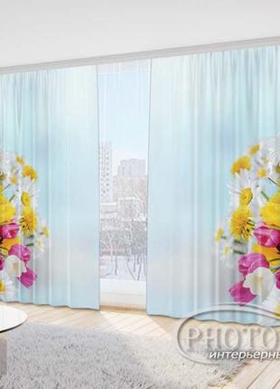 Фото шторы "корзинка с тюльпанами и ромашками" 2,5м*2,9м (2 полотна по 1,45м), тесьма2 фото
