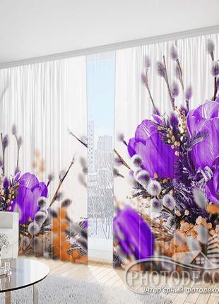 Фото штори "фіолетові тюльпани з котиками" 2,5 м*2,9 м (2 полотна по 1,45 м), тасьма