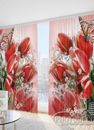 Фото шторы "бабочки с тюльпанами" 2,7м*2,9м (2 полотна по 1,45м), тесьма1 фото