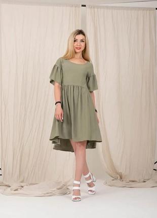 Свободное повседневное летнее платье с коротким рукавчиком из тонкого крепа цвета оливка 42-44, 46-48, 50-521 фото