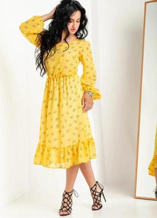 Красивое яркое желтое платье из цветочного шифона длины ниже колен размеры 44, 46, 48, 50, 524 фото