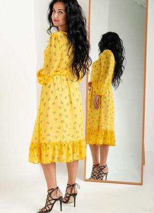 Красивое яркое желтое платье из цветочного шифона длины ниже колен размеры 44, 46, 48, 50, 523 фото