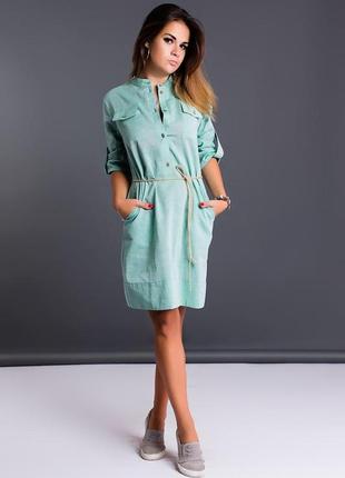Платье-рубашка летнее из льна с коротким рукавом с карманами размеры норма