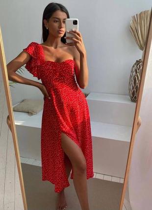 Легкое красное платье в горошек миди с разрезом софт турция модное трендовое стильное