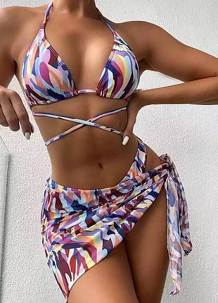 Купальник шторки на завязках треугольники парео цветной разноцветный