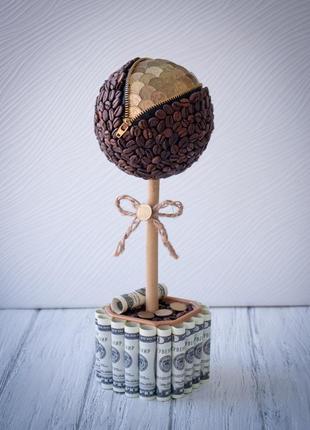 Сувенир статуэтка топиарий (дерево счастья) с кофе и монетами ручная работа хенд мейд подарок